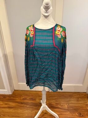 Teal Floral-Embroidered Long-Sleeve Peasant Blouse